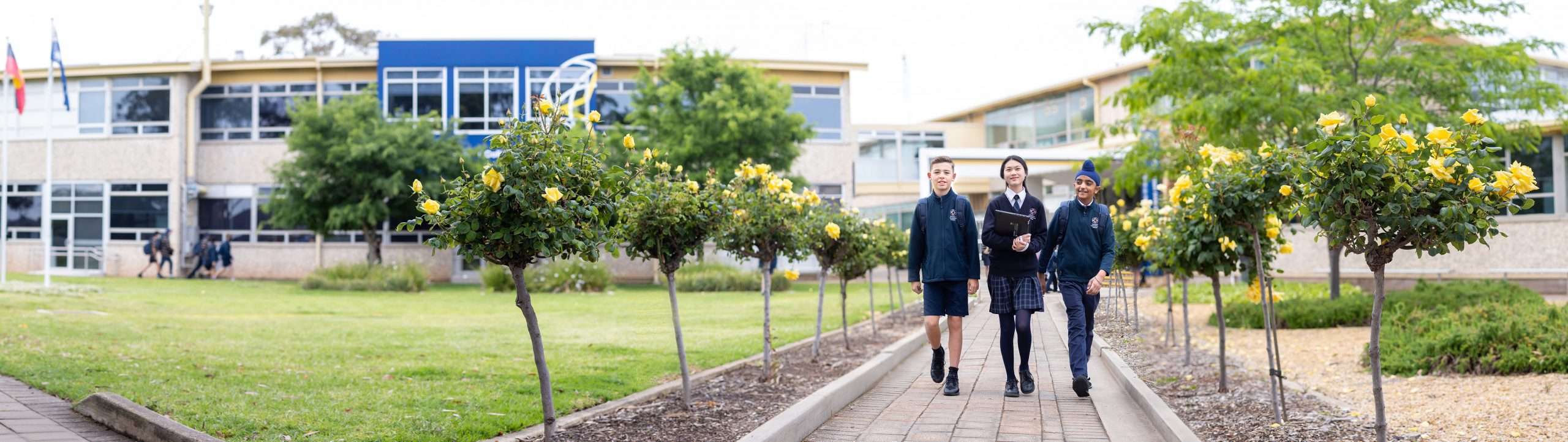 Three students walking in school grounds